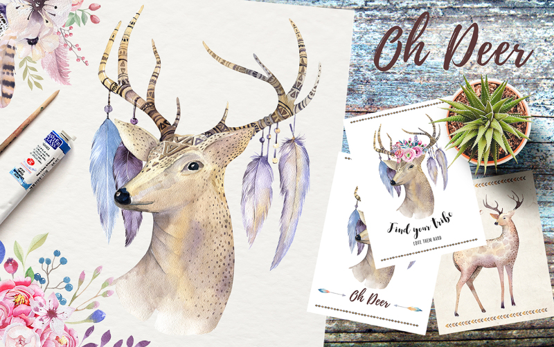 watercolor-deers-and-horns-bohemian-style