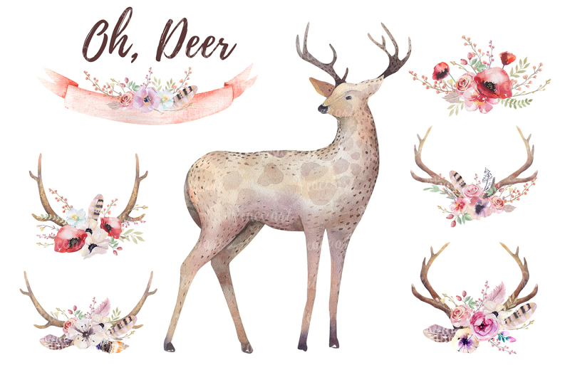 watercolor-deers-and-horns-bohemian-style