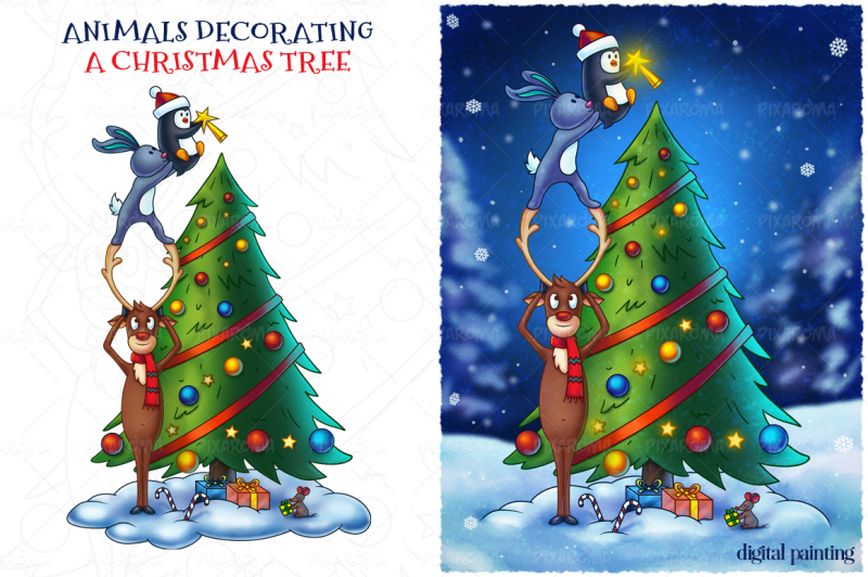 animals-decorating-a-christmas-tree-digital-painting