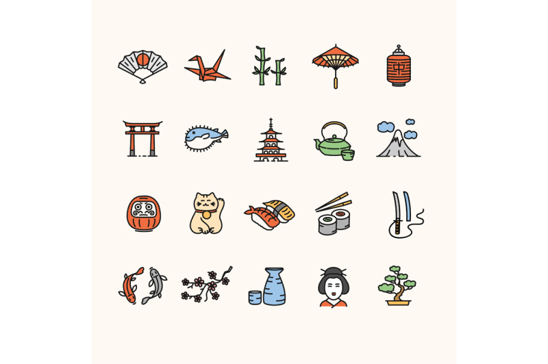 japan-icon-outline-set-vector