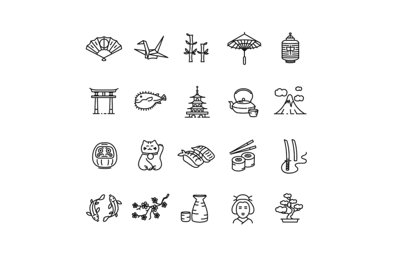 japan-icon-outline-set-vector