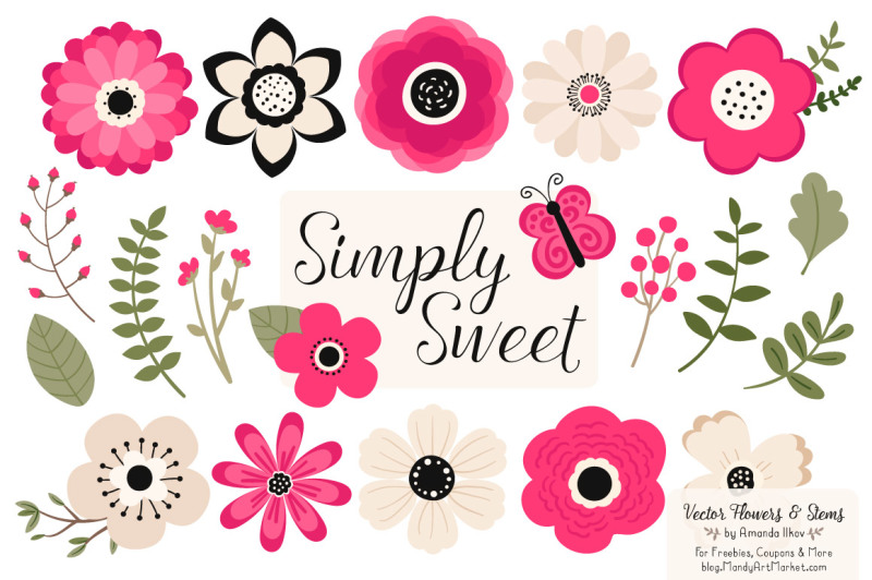 Simply Sweet Vector Flowers & Stems Clipart in Hot Pink By Amanda Ilkov