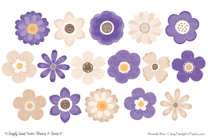 Simply Sweet Vector Flowers & Stems Clipart in Purple By Amanda Ilkov