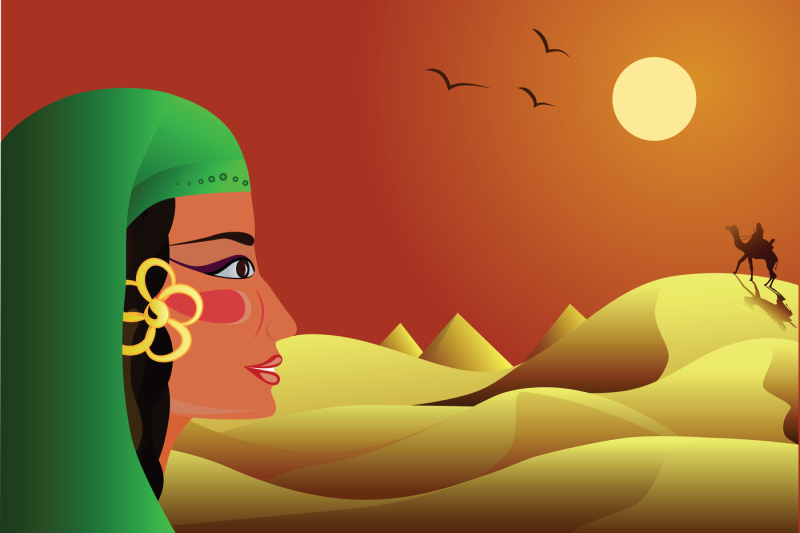 a-young-girl-looks-at-a-rider-on-a-camel-in-the-desert-vector