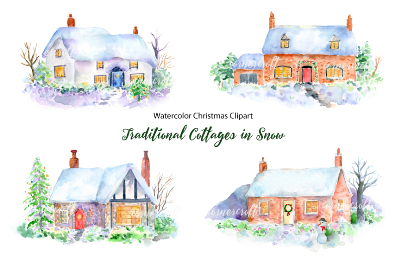 watercolor-christmas-cottages-in-snow