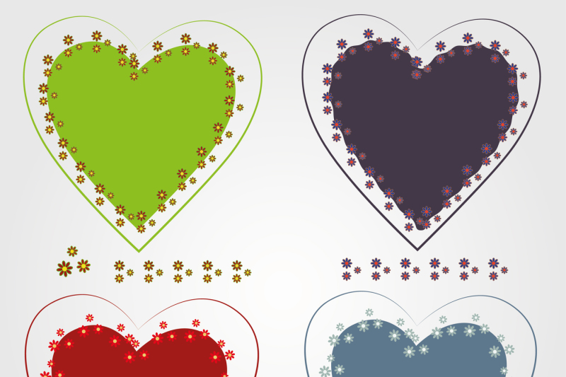 two-vector-brushes-and-a-set-of-four-frames-for-text-or-greeting-cards-in-the-shape-of-hearts-assorted-colors-with-floral-motif