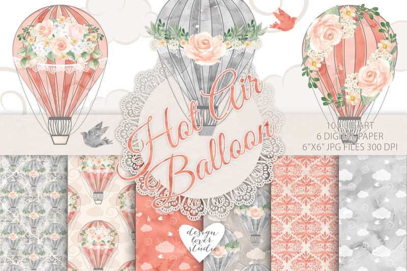 watercolor-hot-air-balloon-coral-red-gray