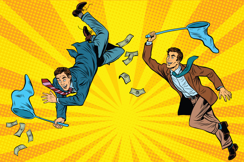 competition-two-businessmen-catching-money-with-a-butterfly-net