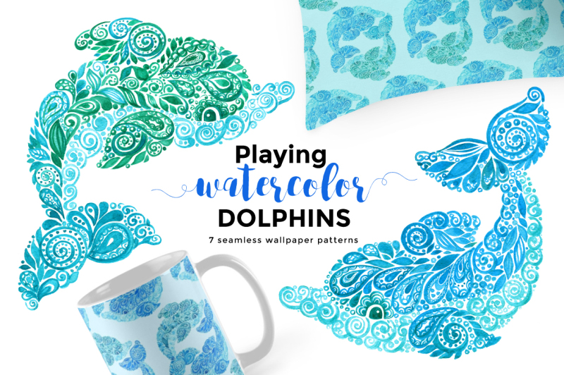 playing-watercolor-dolphins