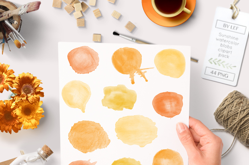 sunny-watercolor-graphics-blobs-watercolour-clip-art-orange-sunny-drips-and-round-clipart-handpainted