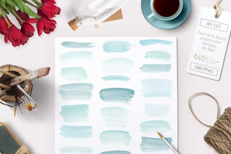 hand-painted-watercolor-strokes-teal-and-aqua-watercolour-clip-art-set-with-100-png-graphics-clipart