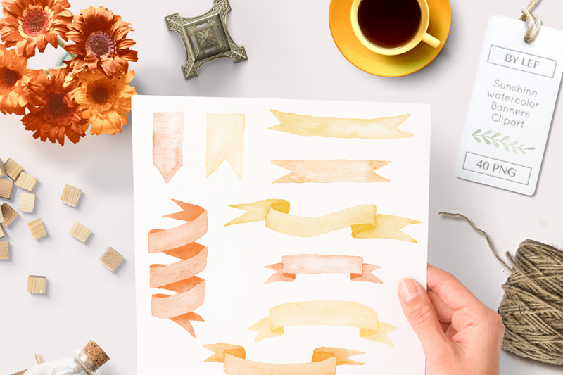 watercolor-ribbons-graphics-clip-art-banner-clipart-hand-painted-sunny-orange-and-yellow-colors