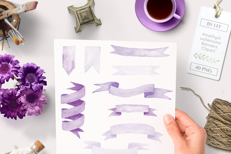 amethyst-watercolor-banner-clipart-purple-ribbon-graphics-hand-painted-watercolour-clip-art