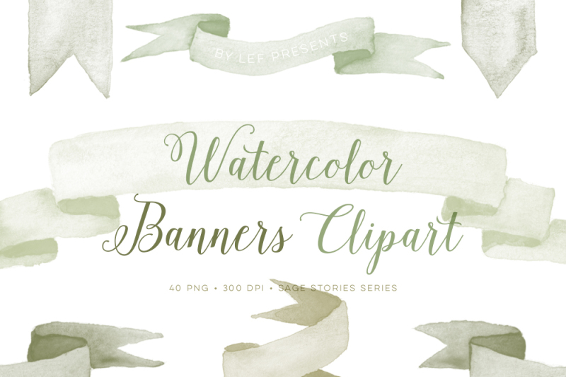 Commercial Use- Watercolor Banners diy elements ribbons Clipart: 16 PNG Digital files clip art Light mint green Hand painted