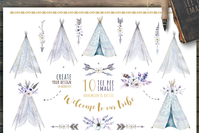 watercolor-bohemian-teepee-and-pattern