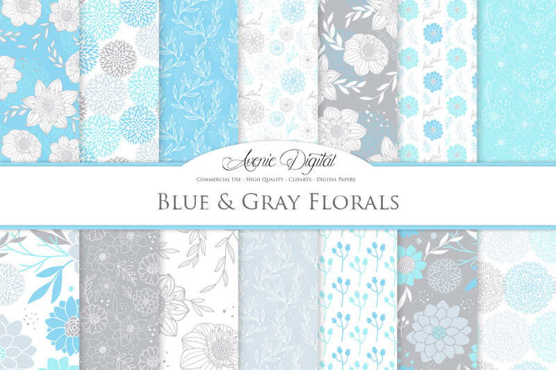 blue-and-gray-floral-vector-patterns-and-blue-flower-digital-paper
