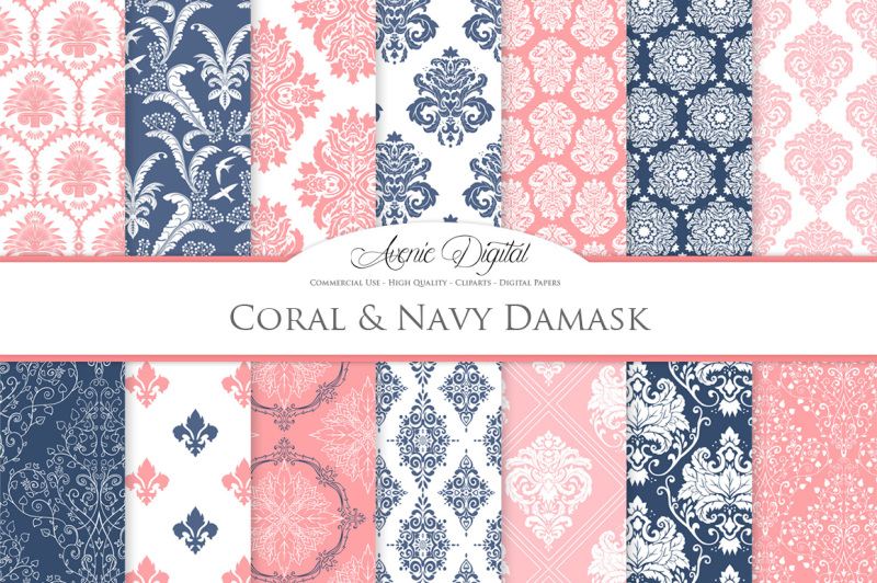 28-coral-and-navy-damask-digital-paper-bundle