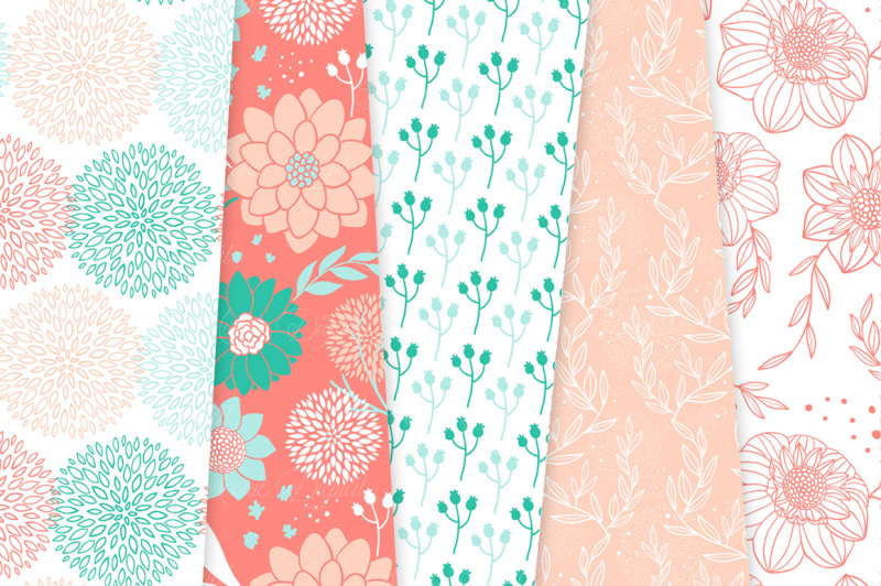 teal-and-coral-floral-vector-patterns-and-flower-paper