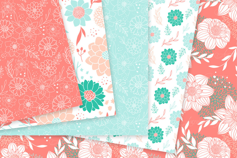 teal-and-coral-floral-vector-patterns-and-flower-paper