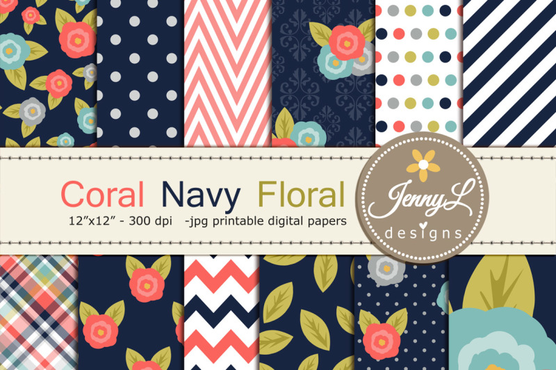 coral-navy-floral-digital-papers