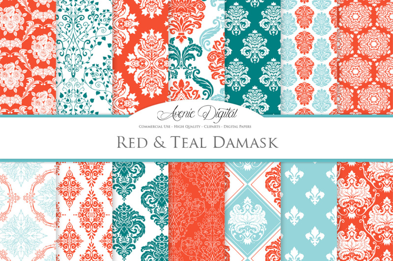 28-teal-and-red-damask-digital-papers-bundle