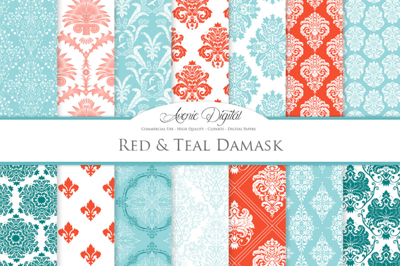 28-teal-and-red-damask-digital-papers-bundle