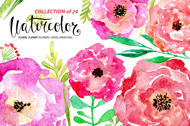 watercolor-flowers-collection-purple-pink-red