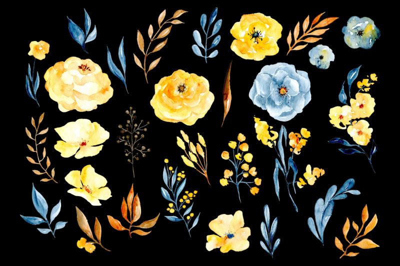 watercolor-yellow-and-blue-flowers-branches-leaves