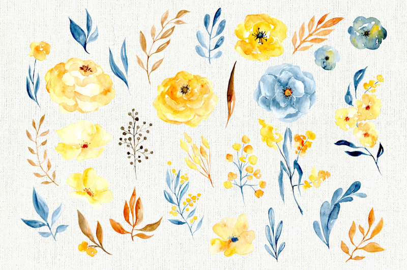 watercolor-yellow-and-blue-flowers-branches-leaves