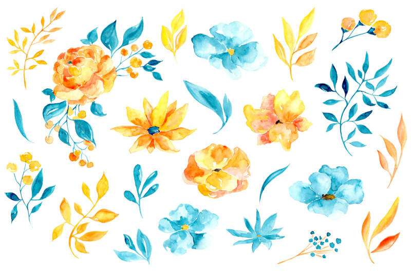 blue-and-yellow-watercolor-flowers-branches-leaves