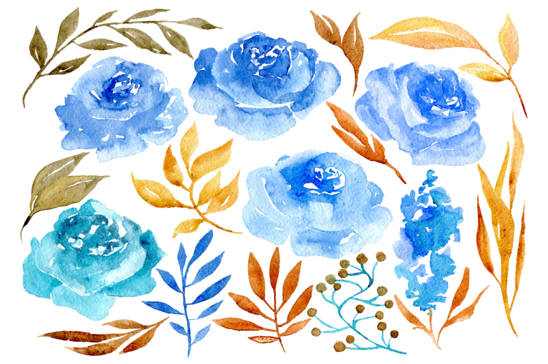 blue-and-brown-watercolor-roses-flowers