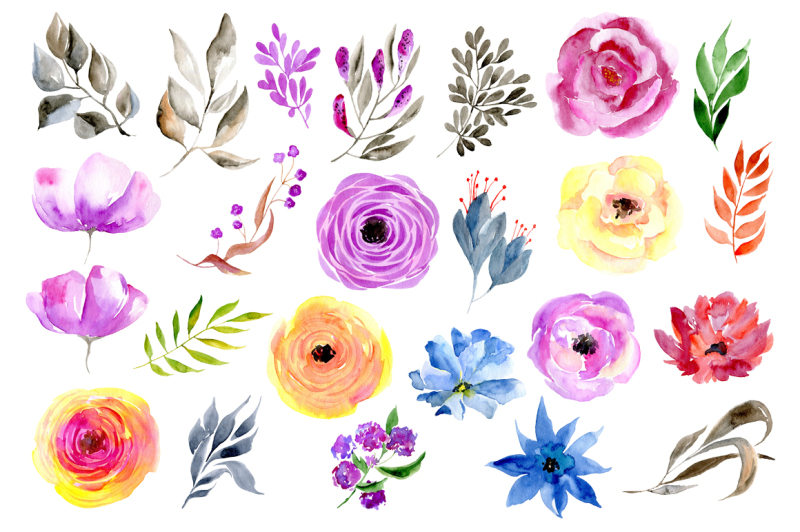watercolor-flowers-and-leaves-purple-violet-blue-pink