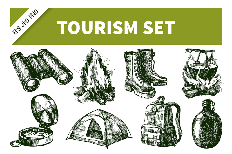 tourism-hand-drawn-sketch-vector-set