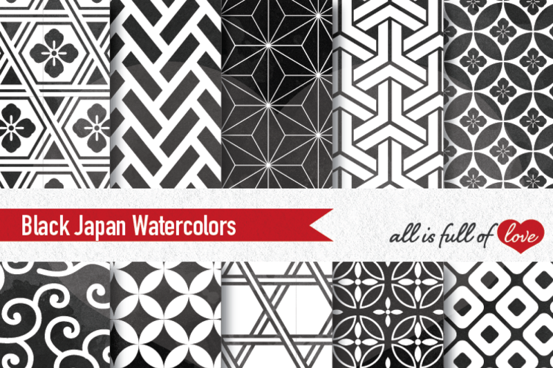 black-watercolour-japanese-seamless-patterns