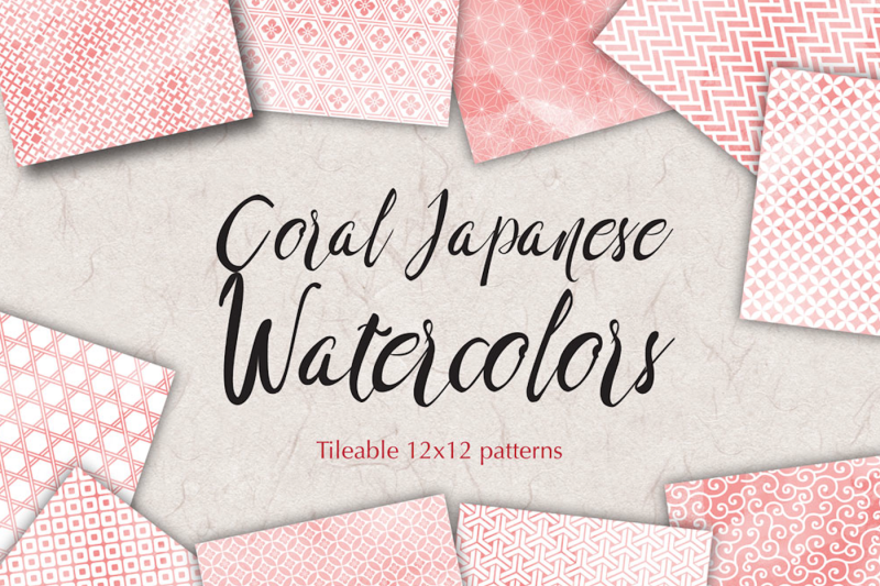 coral-japanese-watercolor-patterns-seamless-backgrounds-pink-digital-paper