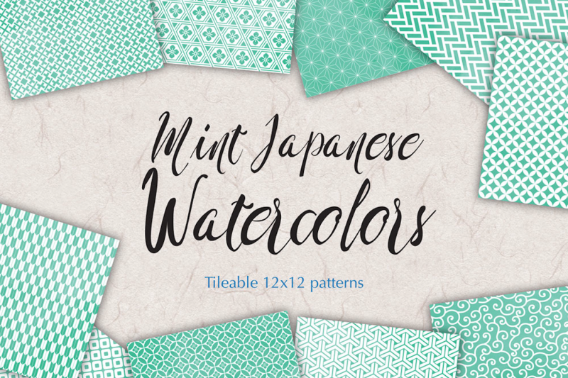 digital-paper-mint-japanese-watercolor-patterns-seamless-backgrounds