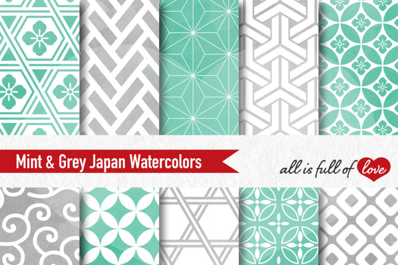 grey-mint-watercolour-digital-paper-japan-patterns-seamless-backgrounds