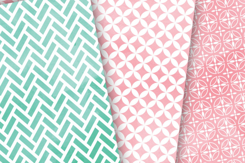 pink-mint-watercolor-digital-paper-japan-patterns-seamless-backgrounds