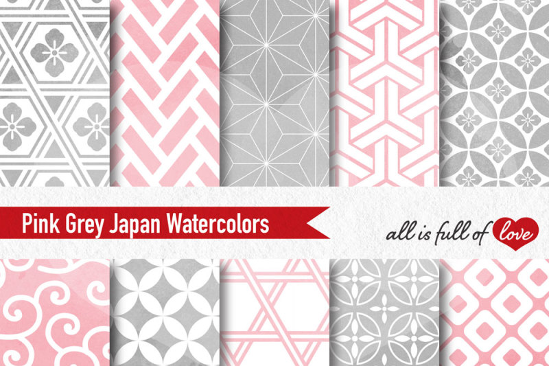 pink-grey-watercolour-digital-paper-japan-patterns-seamless-backgrounds