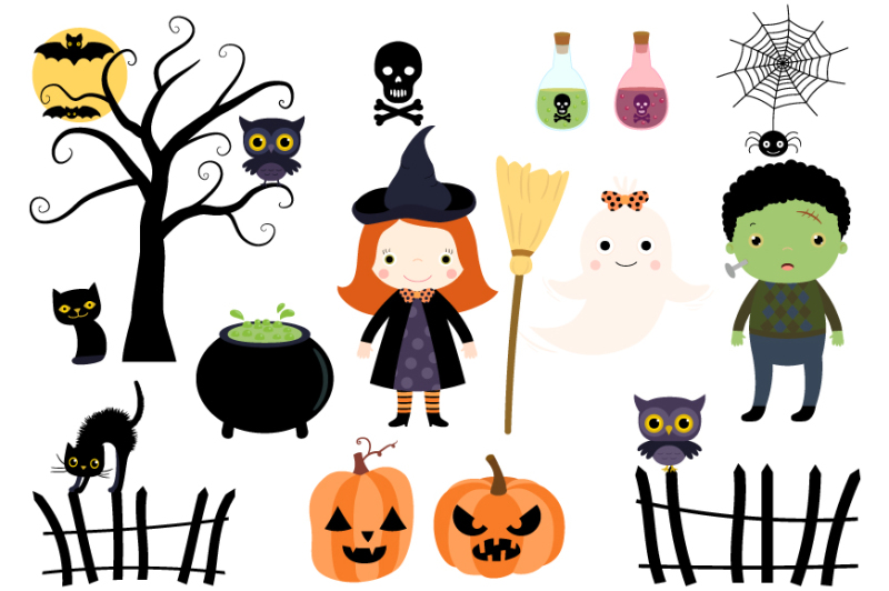 halloween-clipart-cute-costume-kids-pumpkins-cats-ghost-spooky-tree