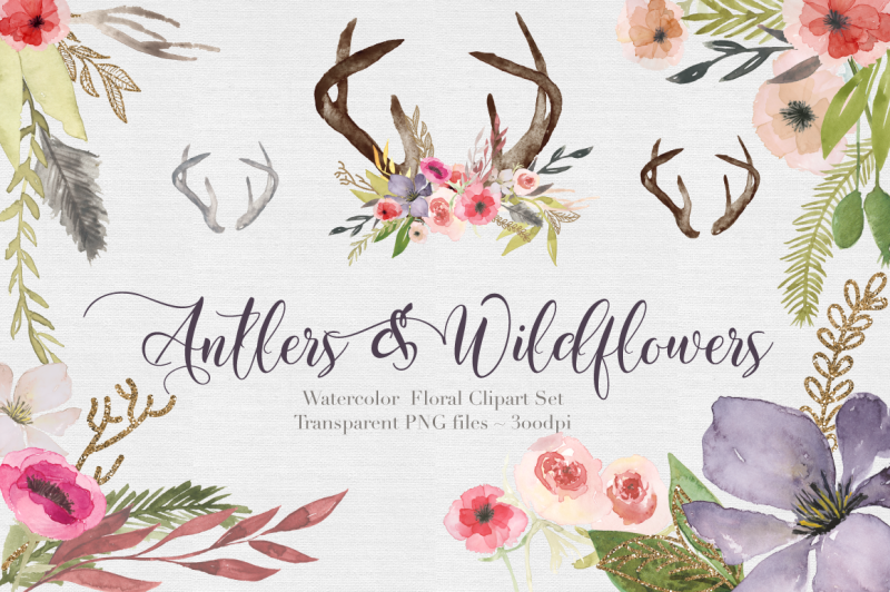 antlers-and-flowers-watercolor-clipart