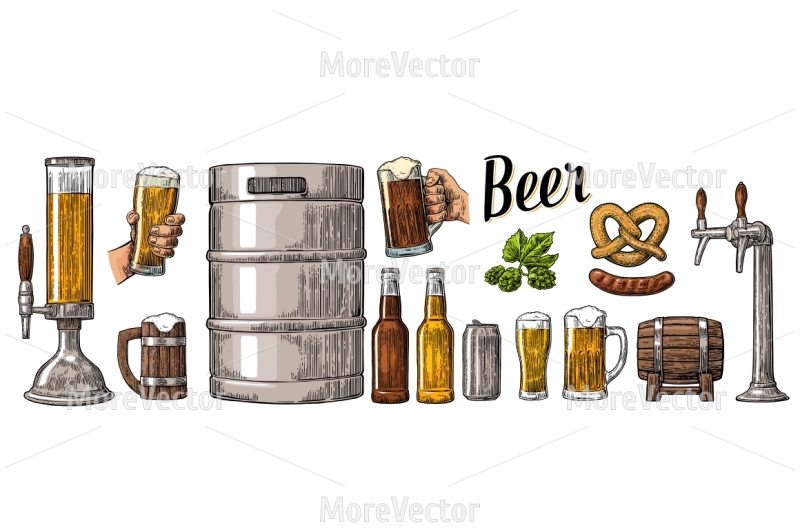 beer-set-with-two-hands-holding-glasses-mug-and-tap-can-keg-sausage-pretzel-and-bottle