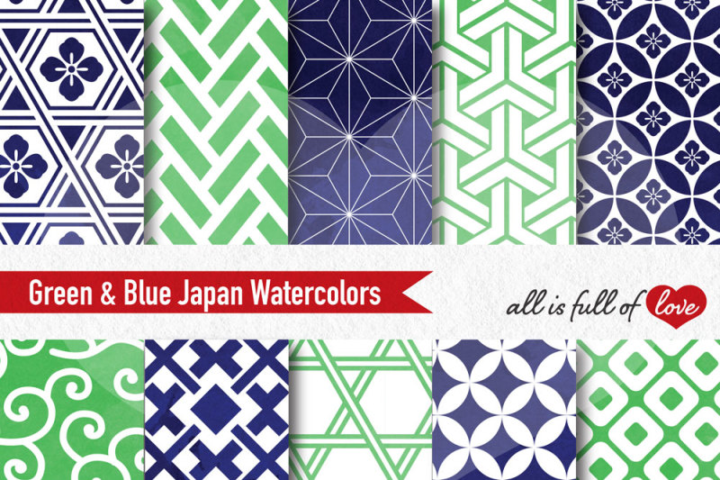 watercolor-digital-paper-in-navy-blue-and-green-japanese-background