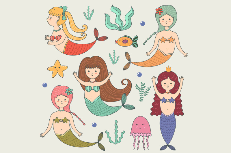 Mermaids collection seamless pattern, printable cards
