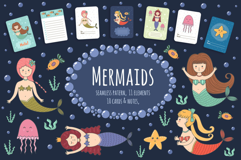 Mermaids collection seamless pattern, printable cards