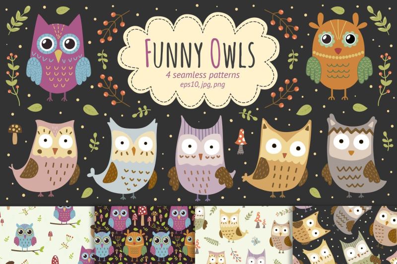 funny-owls-4-seamless-patterns