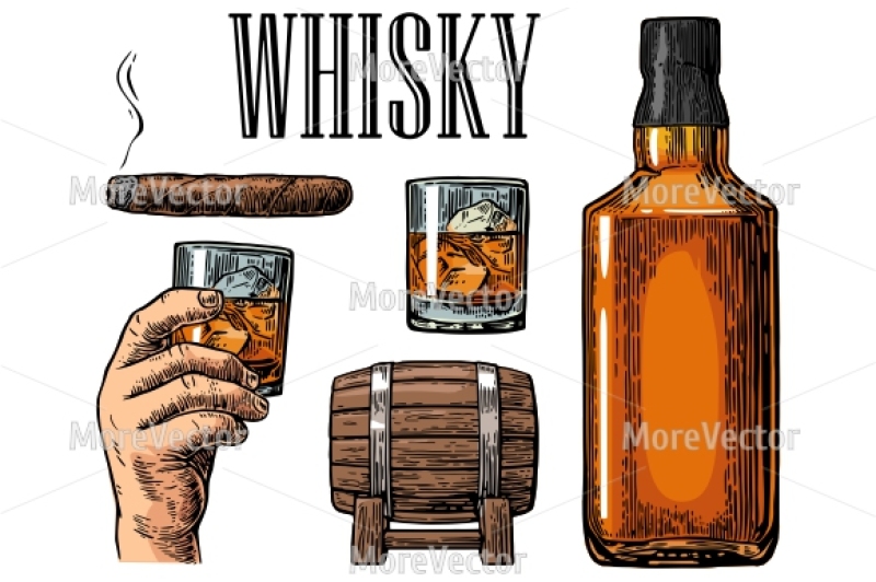 whiskey-glass-with-ice-cubes-barrel-bottle-and-cigar