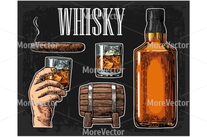 whiskey-glass-with-ice-cubes-barrel-bottle-and-cigar