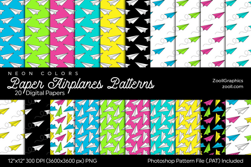 paper-airplanes-patterns-digital-papers-neon-colors