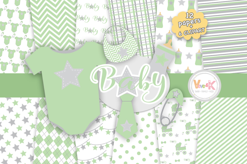 green-baby-items-clipart-and-digital-papers-set